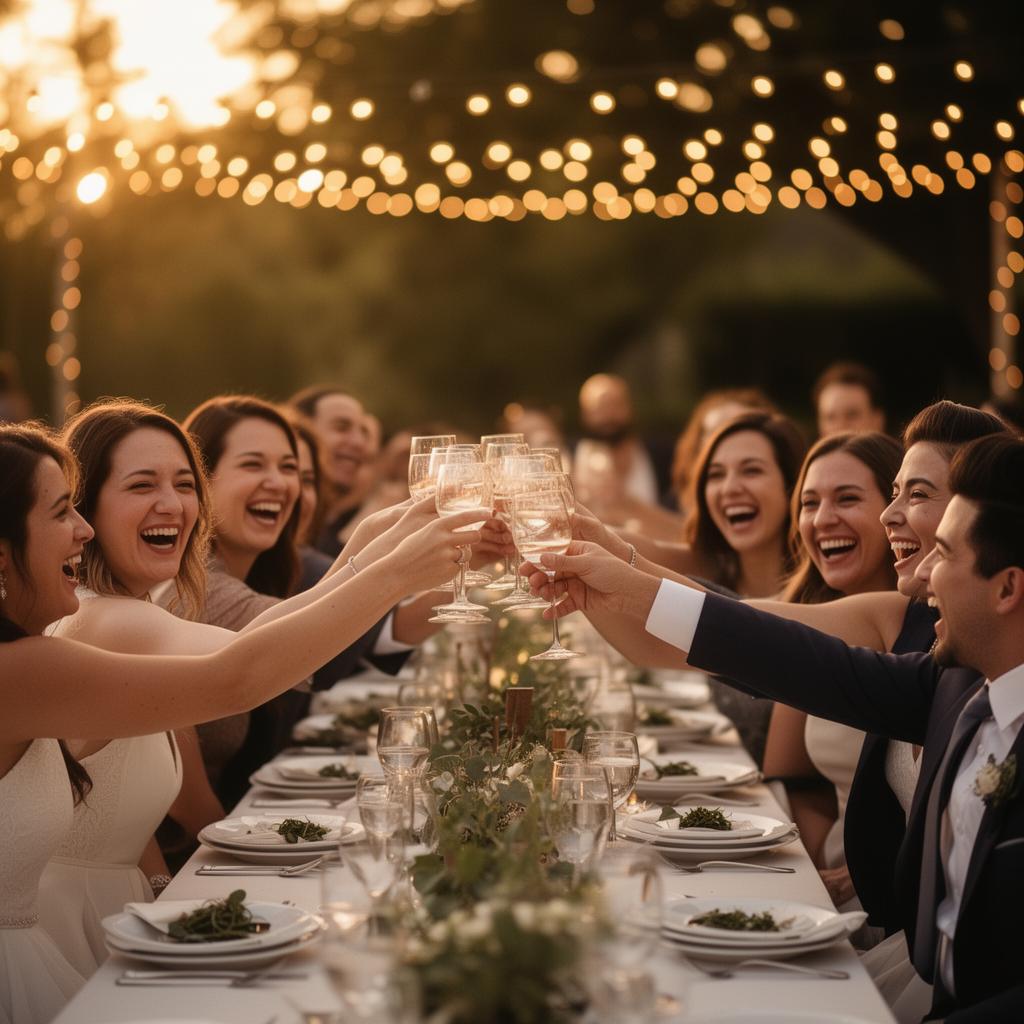 Two champagne flutes clinking together at a wedding reception