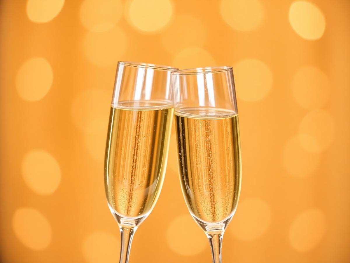 Two champagne flutes clinking together at a wedding reception